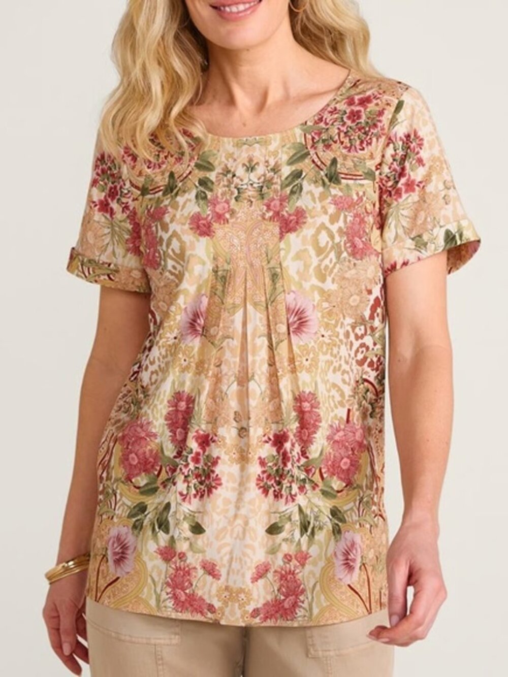 Soft Surroundings Cusabo Short Sleeve Blouse Leopard Floral Size Small